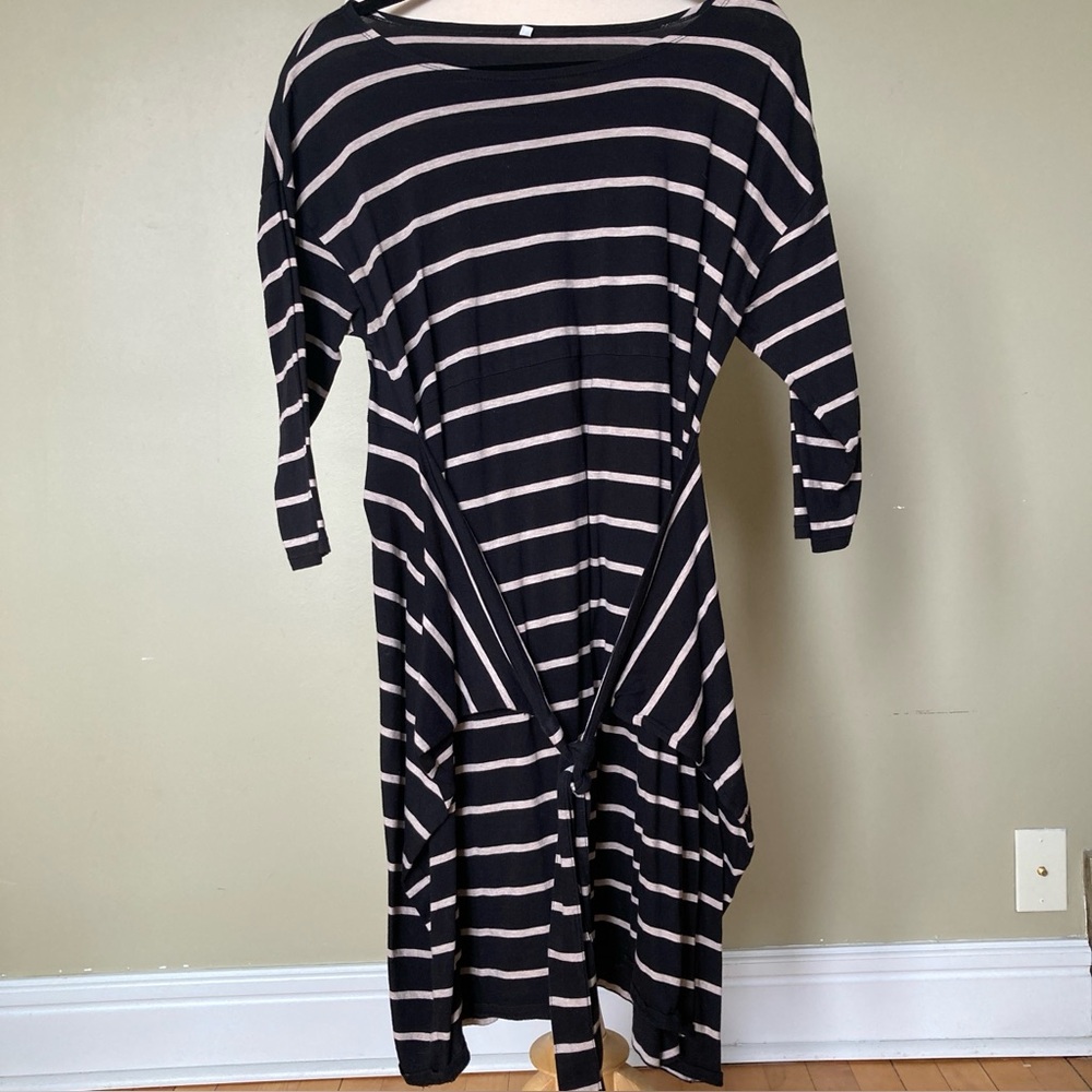 Muji Black Dress with Cream Stripes and Front Tie